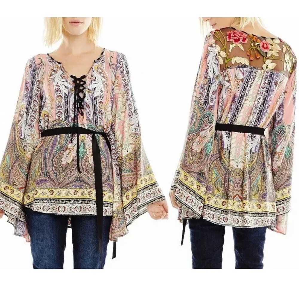 Aratta Silent Journey Embroidered Paisley Power Lace-Up Bell Sleeve Blouse